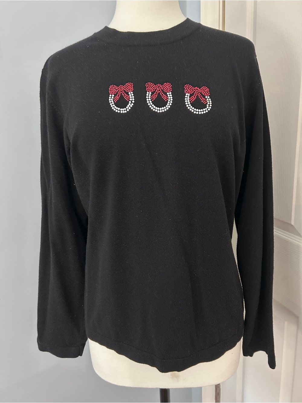 Holiday Editions Black Long-Sleeve Crewneck Top with Red Bow Embellishments